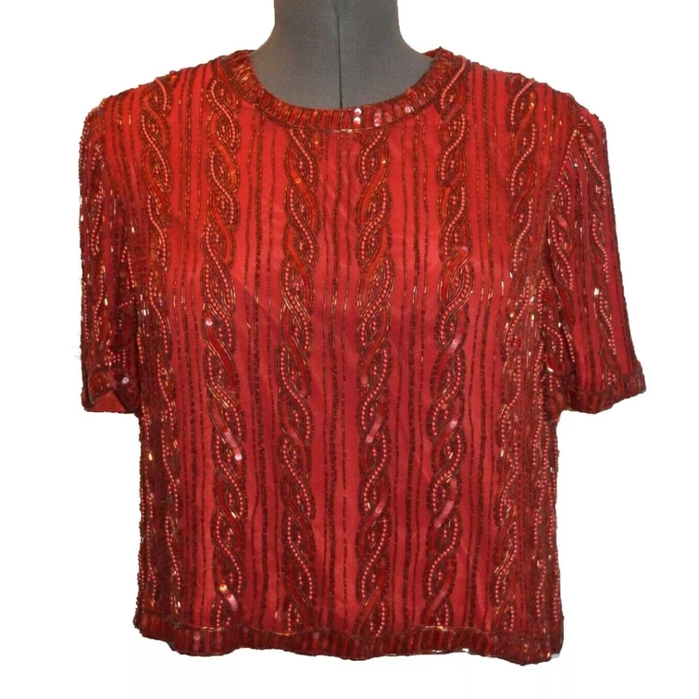 Theo Miles Vintage 80s Red Beaded Sequin Silk Formal Top Blouse sz XL